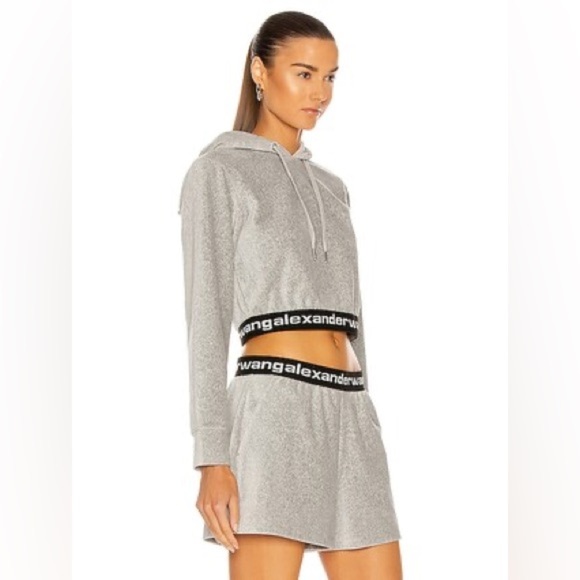 ALEXANDER WANG Stretch Corduroy Cropped Long Sleeve Hoodie in Heather Gray - Picture 2 of 10